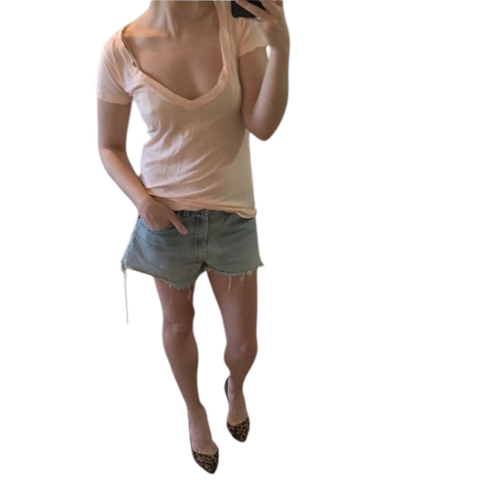 LNA Peach / Light Pink 100% Cotton Plunge Deep V Neck Short Sleeve Teeshirt - XS